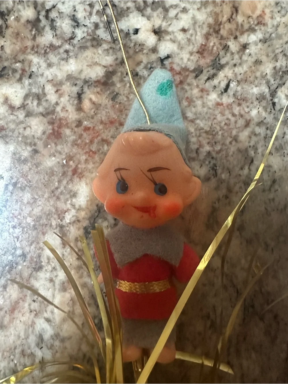 Vintage Elf Holiday Tinsel Ornament in Red, Gray, Gold